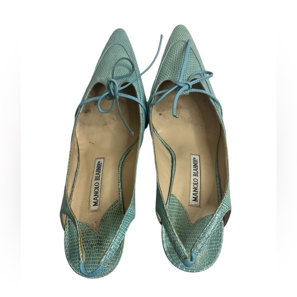 MANOLO BLAHNIK Reptile Skin Leather SHOES Slingbacks Heels Pump blue size 37 - Picture 3 of 15